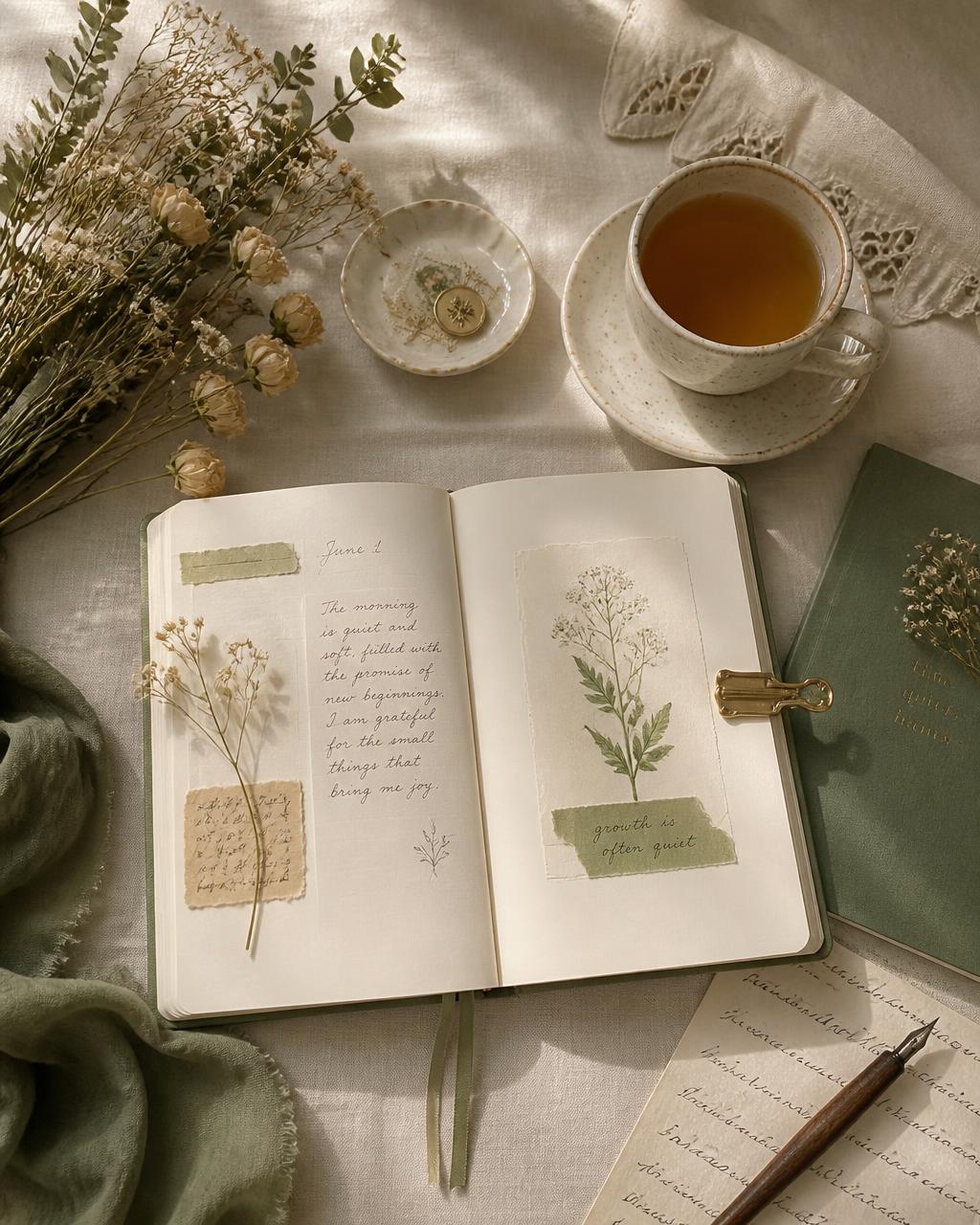 An open journal with dried flowers and a cup of tea on a linen table